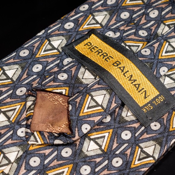 Pierre Balmain 100% Silk Tie Navy Brown Geometric Mens Luxury Necktie - Picture 4 of 5